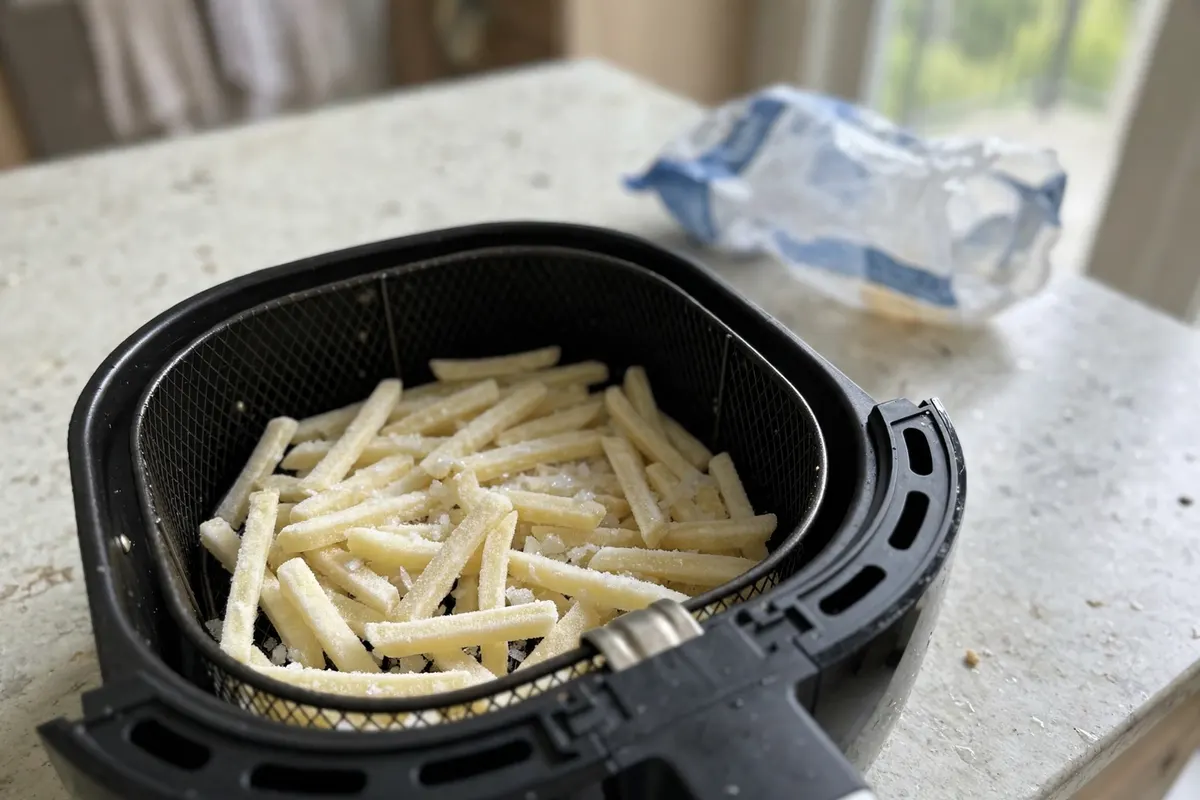 Frozen french fries spread in a single layer in an air fryer basket before cooking