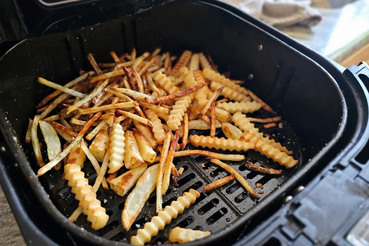 Shoestring, crinkle-cut and steak fries crisping together in an air fryer basket