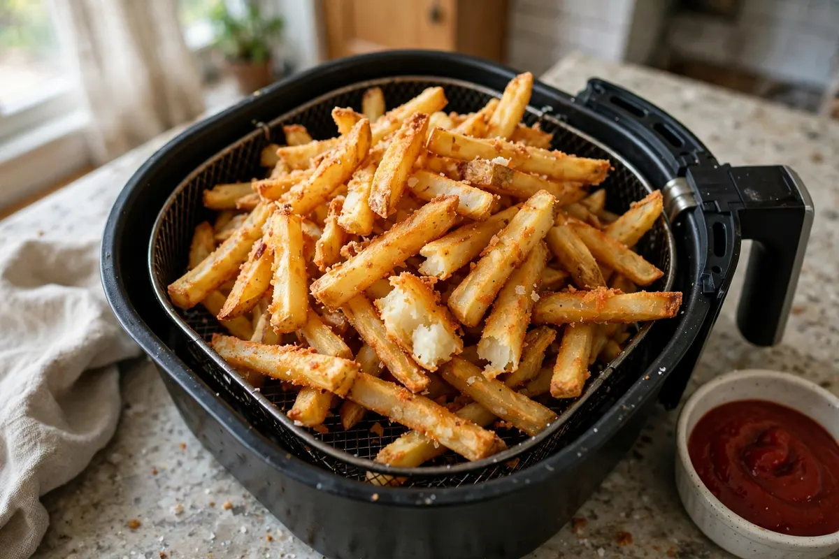 Air fryer frozen french fries, crisp and golden, piled in the basket with ketchup beside it