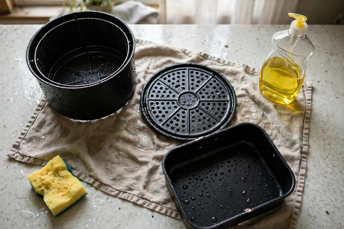 Air fryer basket, crisper plate and drawer washed and drying on a towel before first use