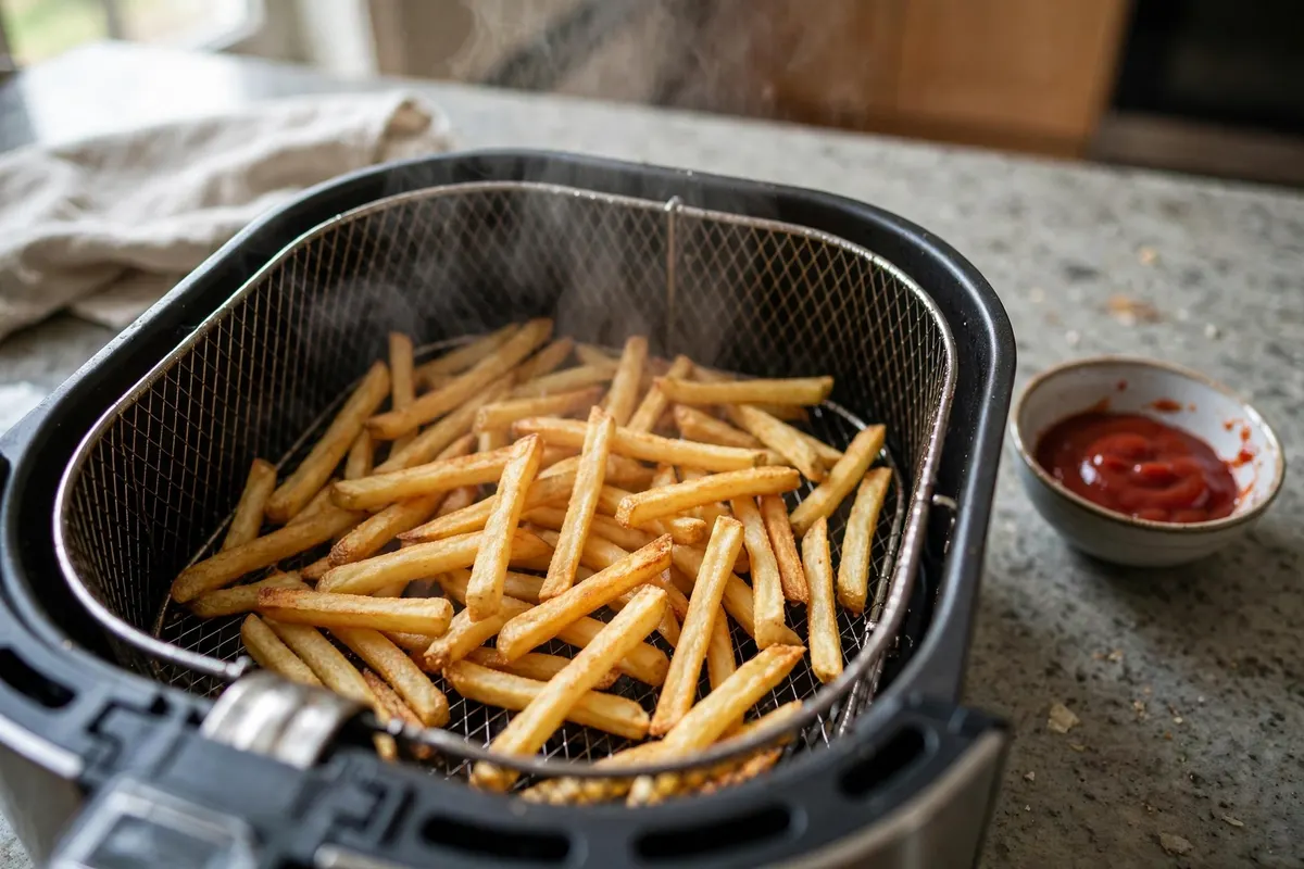 First batch of golden fries in an air fryer basket with steam rising and ketchup beside it