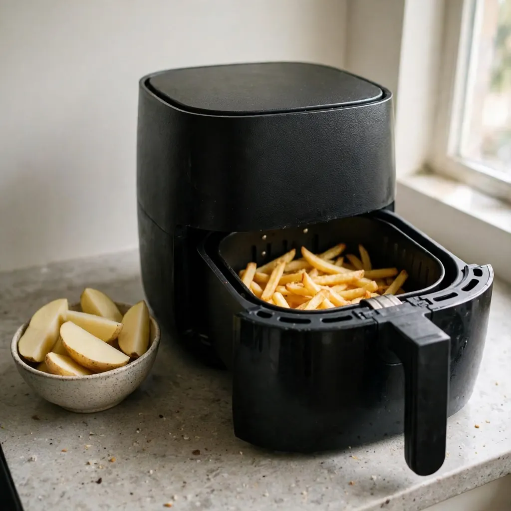 How to use an air fryer for the first time: open basket of golden fries next to a bowl of potato wedges
